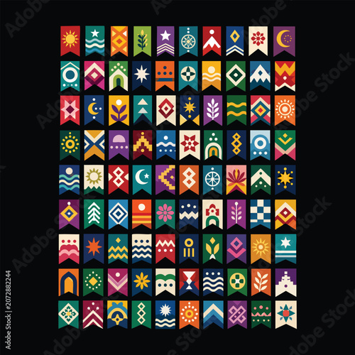 Colorful geometric banner icon collection featuring abstract folk symbols, floral motifs, stars, waves, mountains, and decorative shapes in a modern flat vector style.