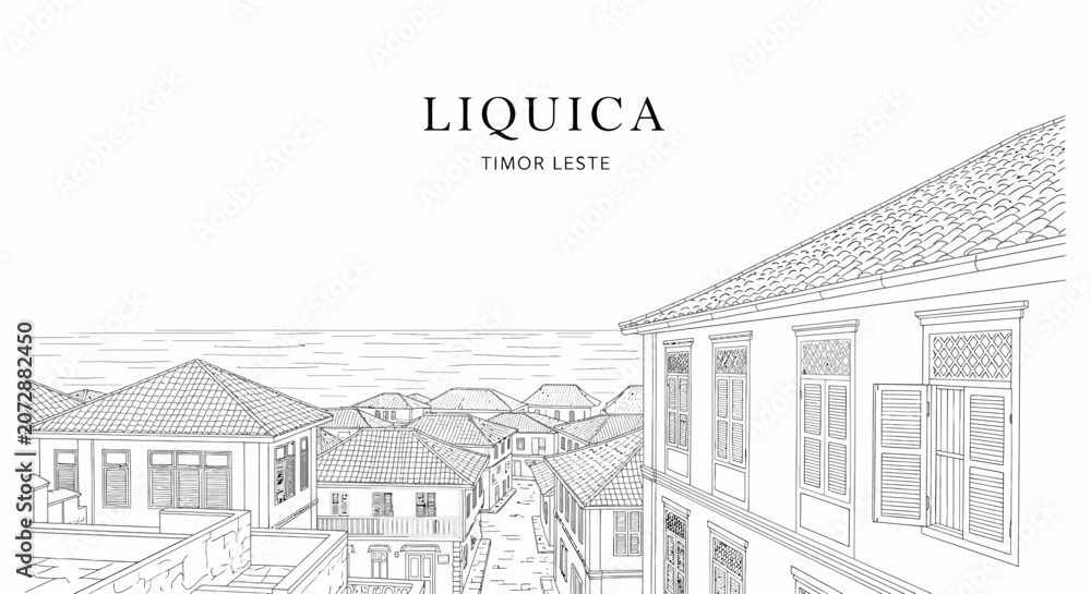 Obraz premium A lineart drawing of a coastal town in Liquica Timor Leste featuring traditional tiled roofs and buildings