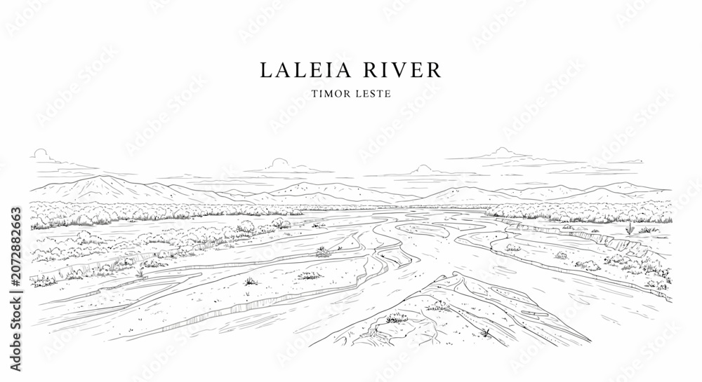 Fototapeta premium A lineart illustration of the Laleia River in Timor Leste featuring a braided riverbed plains and mountains