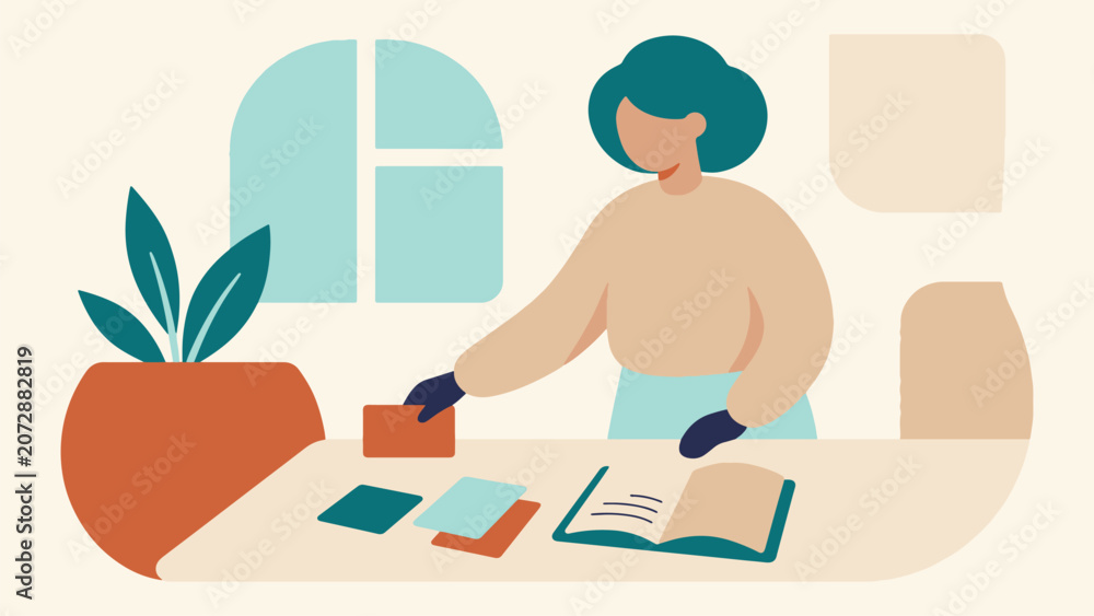 Fototapeta premium Flat vector illustration of a creative woman organizing professional design materials on a modern desk