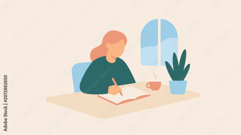 Fototapeta premium Minimalist vector illustration of a woman writing in her journal while sitting at a desk