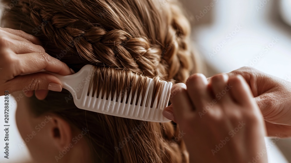 Naklejka premium Hands expertly styling braided hair using a comb, focusing on the intricate details of a sophisticated hairstyle and grooming