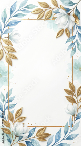 Watercolor floral frame with white magnolias blue and gold leaves. Ideal for wedding invitations with copy space.