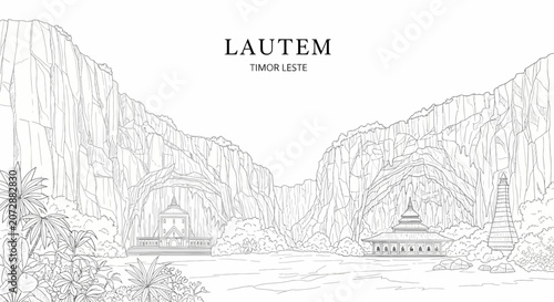 Bilde på lerret Line art illustration of structures nestled between two craggy cliffs in Lautem