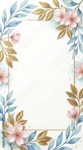 Watercolor floral frame with pink flowers and gold leaves space for text