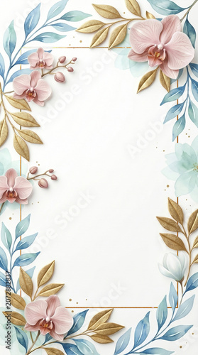 Elegant watercolor floral frame with pink orchids gold and blue leaves