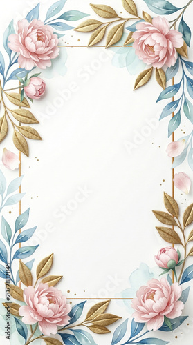Elegant watercolor floral frame with pink peonies blue and gold leaves