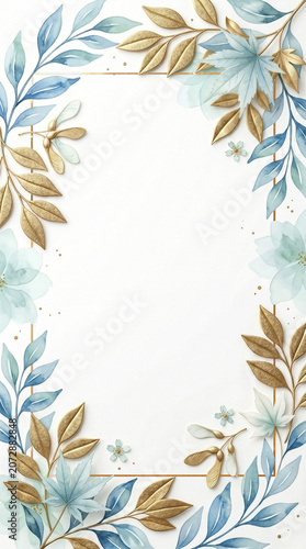 Watercolor frame with gold and blue leaves and space for text