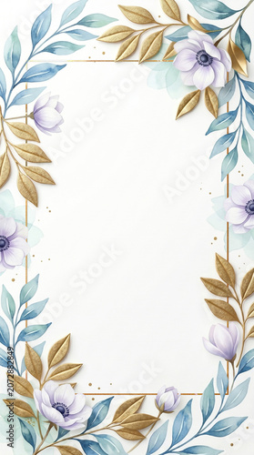 Watercolor frame with purple flowers gold leaves and copy space