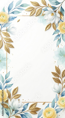 Watercolor frame with yellow and white flowers gold leaves and space for text