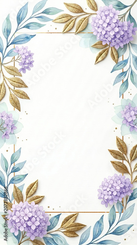 Elegant watercolor floral frame with purple hydrangea blue and gold leaves