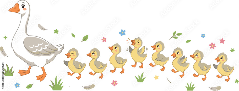 Obraz premium Set of sweet family water birds with mom goose and small yellow baby ducklings walking together on white background graphic illustration