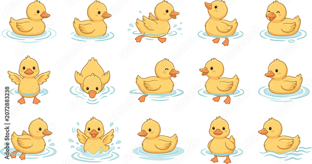 Fototapeta premium Set of adorable little baby duck illustrations showing various water activities like diving splashing and waving for kids nursery apparel print