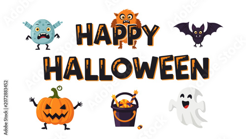 Принти на полотні Happy Halloween Monster Crew: A playful collection of cartoon monsters, a pumpkin, a candy bucket, and a ghost gather to wish you a happy Halloween, exuding spooky fun and festive cheer