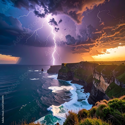 A dramatic stormy seascape with a vibrant lightning bolt
