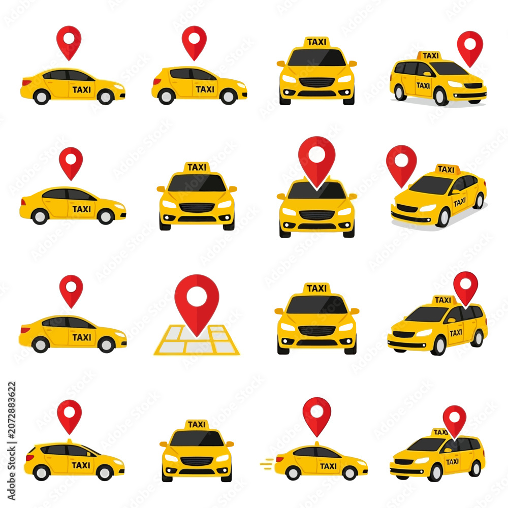 Fototapeta premium yellow taxi icons with location pin for urban transport apps