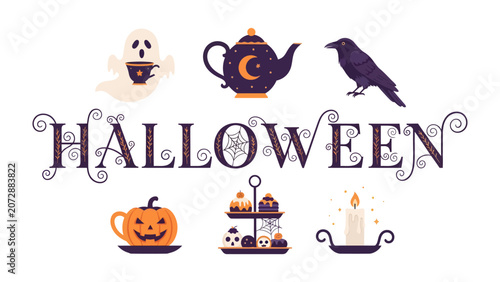 Canvas Print Halloween Collection: A charming assortment of Halloween icons, including a friendly ghost with tea, an ornate teapot, a black crow, a carved pumpkin, a tiered treat stand, and a flickering candle