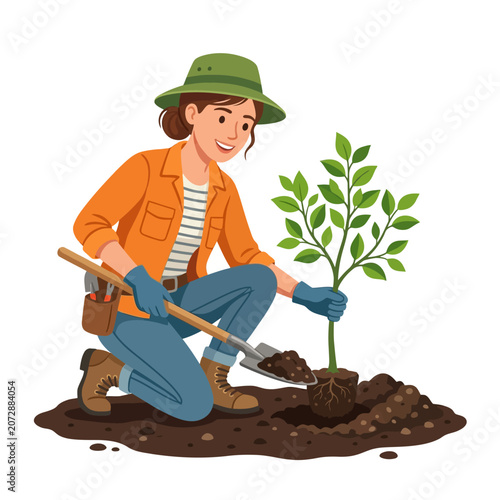 professional gardener planting small green tree with shovel and soil