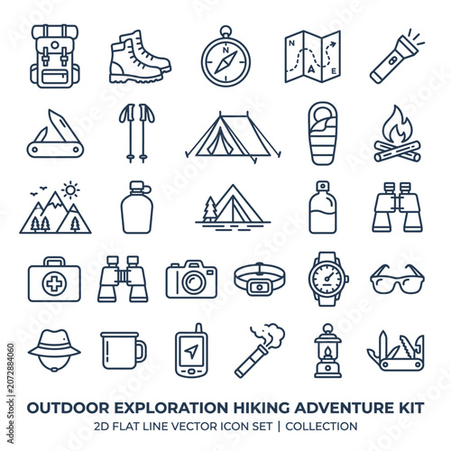 outdoor exploration hiking adventure kit line vector icon set collection