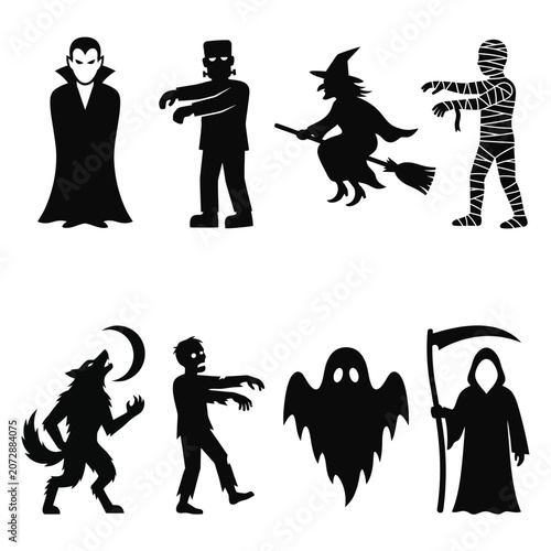 set of eight black silhouette icons depicting classic halloween monsters