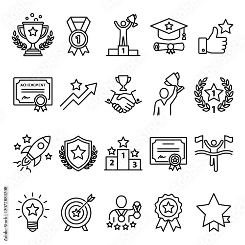 success achievement award trophy line icons set with editable stroke