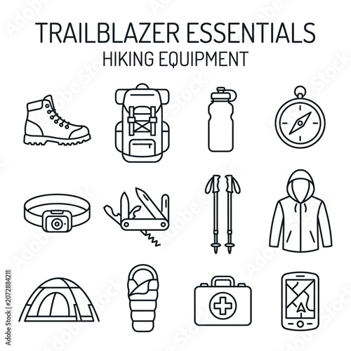 trailblazer essentials hiking equipment line icons set with editable stroke