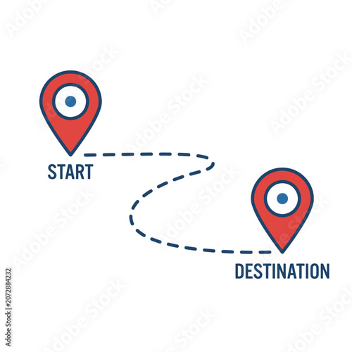 two map location pins with dashed line path for navigation