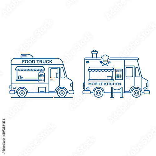 two blue outline vector icons of mobile kitchen food trucks