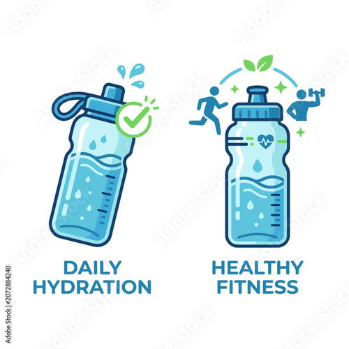 two plastic water bottle icons representing healthy fitness daily hydration