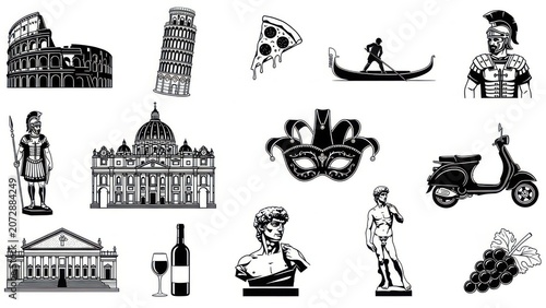 Icon set of classic italian culture and landmarks in black and white vector style