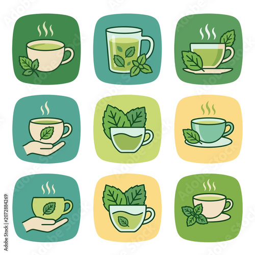 wellness herbal tea filled icons featuring cup and mint leaf