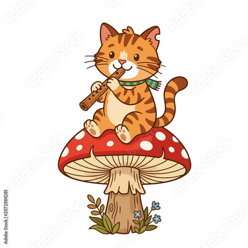 whimsical tabby cat sitting on large mushroom holding wooden flute