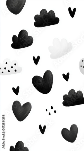 Black and white clouds and hearts on white background, ideal for nursery design