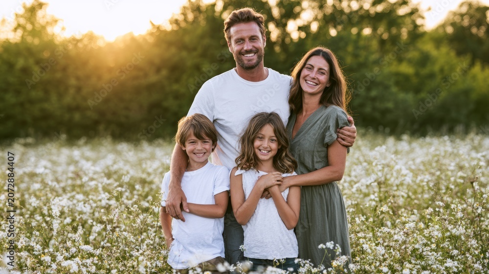Fototapeta premium Happy family of four enjoying time together in a blooming meadow under golden sunset light, embracing love and togetherness