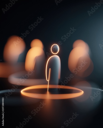 Neon glowing human figure standing within light circle, conceptual representation of individuality and leadership