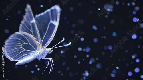 Iridescent Blue Butterfly Gliding Through Bokeh, Macro Closeup Showing Translucent Wings With Neon Edges And Delicate Veins, Floating Particle Lights And Soft Sparkles, Slow Ethereal Motion Evoking