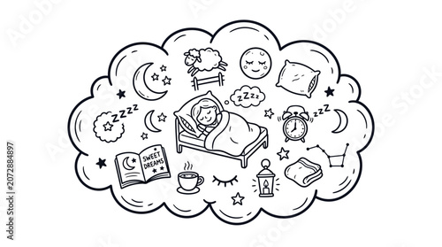 Bild auf Leinwand a person sleeping with dream bubbles.