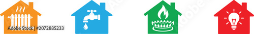 Utilities icons in house shape with water, gas, lighting and heating symbols for home services.