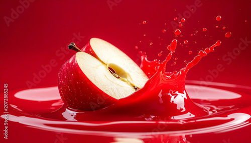 Abstrakte Studio-Makroaufnahme einer knackigen roten Apfelscheibe, die in cremiges leuchtend rotes Apfelpüree eintaucht, fließende Welle, monochrome tiefrote Farbpalette, einfarbiger roter Hintergrund