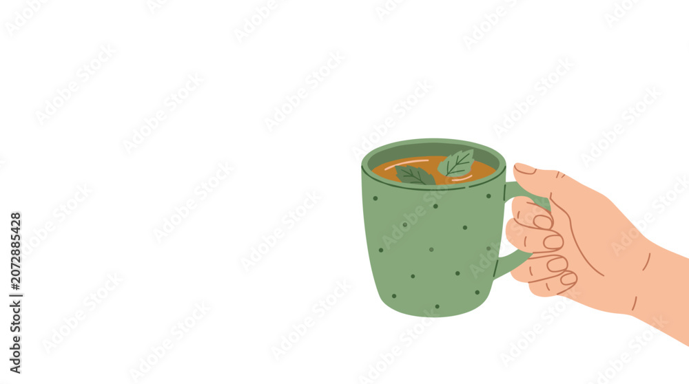 Naklejka premium Hand holding a green polka dot mug filled with herbal tea and fresh mint leaves