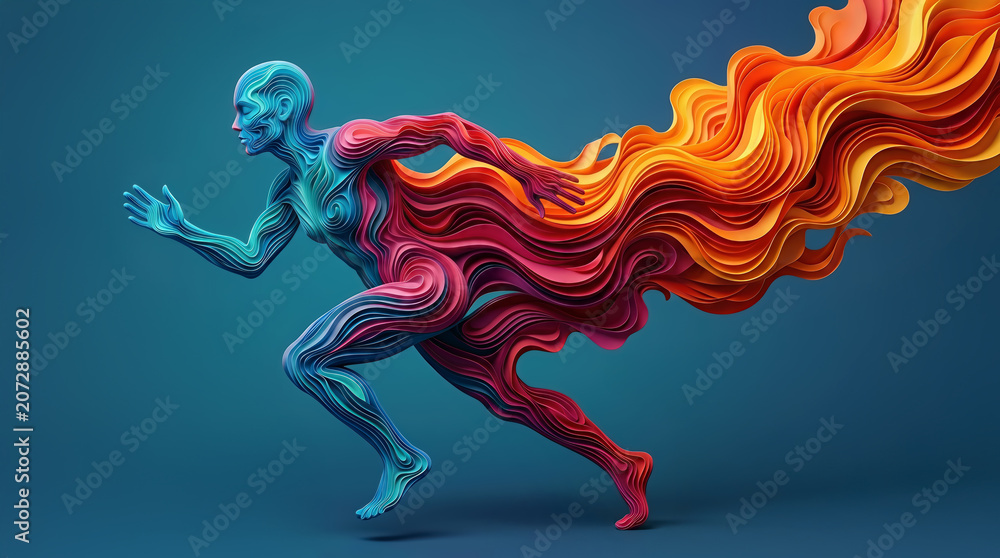 Obraz premium Abstract paper cut runner sprinting with vibrant flowing shapes ,motion and flowing colorful energy waves