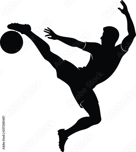 Soccer player silhouette kicking a ball in the air.