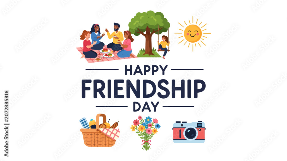 Fototapeta premium Happy Friendship Day Celebration: A vibrant illustration depicting a group of friends enjoying a picnic under a tree on a sunny day, celebrating the bond of friendship.
