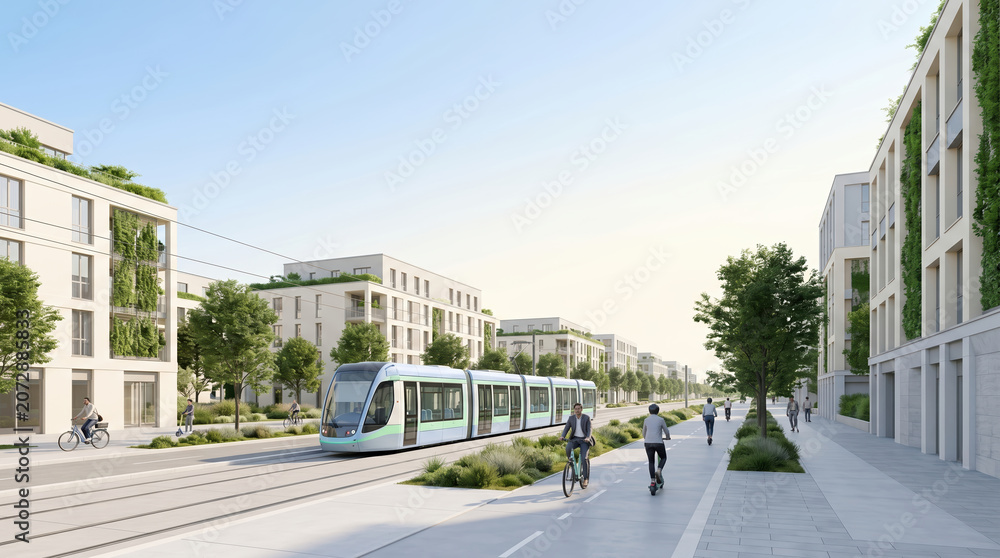 Obraz premium Sustainable winter family traditions celebrating green transportation in urban settings
