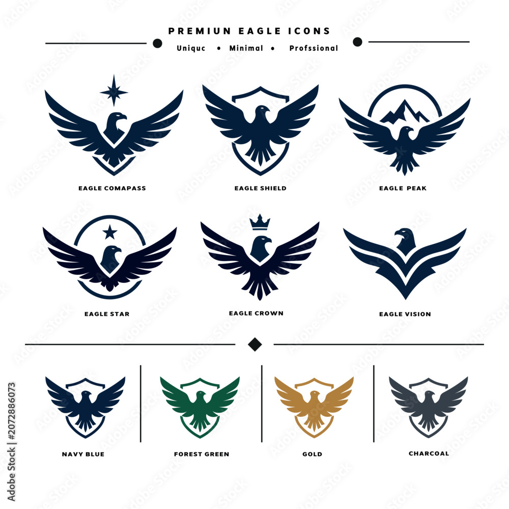 Naklejka premium Premium eagle logo design templates set. Luxury heraldic bird vector icons for corporate branding, security, and heraldry emblem design.