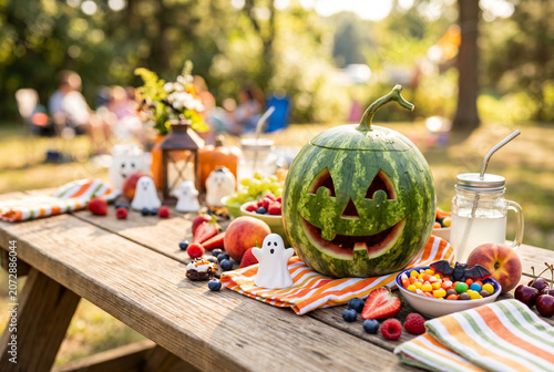 Carved watermelon jack‑o‑lantern centerpiece on picnic table with fruits candy and ghost decorations for halloween picnic party and seasonal display