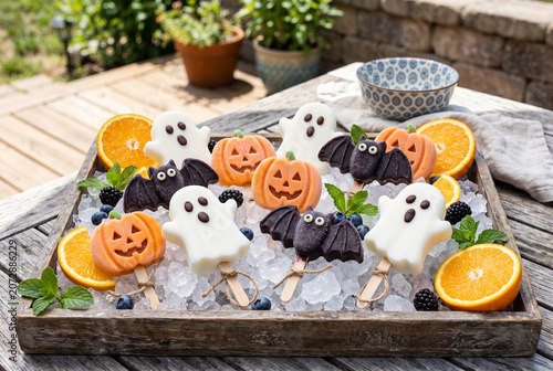 Halloween themed frozen pops with ghost bat and jack o lantern shapes on ice with orange slices for party platter display