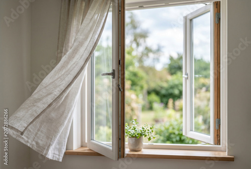 Open white window with sheer curtain and potted plant on windowsill for bright home interior background and lifestyle design