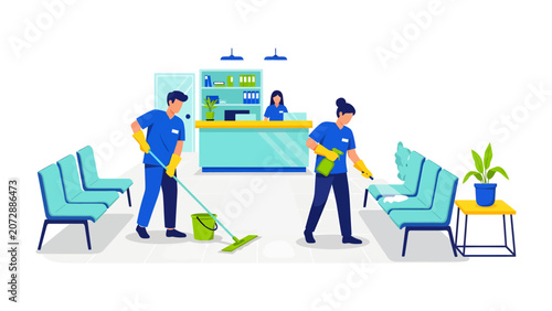 Fotografie Cleaning Crew in Action: A dedicated cleaning crew diligently maintains a pristine waiting area, with one member mopping the floor and another sanitizing seats, ensuring a hygienic environment