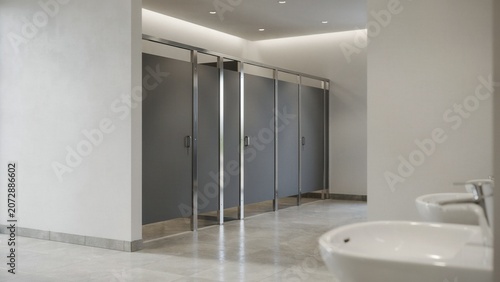 Public restroom features modern partitions and clean white sinks in a contemporary architectural office environment.
